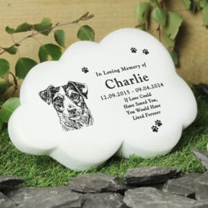 Memorial cloud marker for Charlie with personalised details and paw prints.