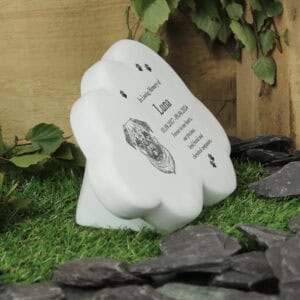Personalised cloud-shaped dog memorial marker with engraved portrait and details for Luna.