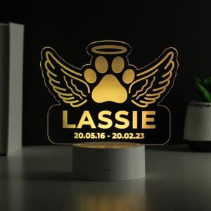 Personalised dog memorial LED light with angel wings and paw print for Lassie.
