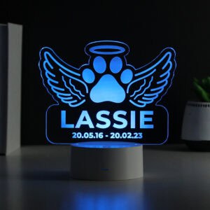 Customisable LED dog memorial light with angel wings and paw print for remembrance.