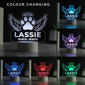 Customisable colour-changing LED memorial light for dogs with angel wings and paw print.