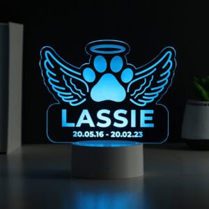 Personalised dog memorial LED light with angel wings and paw print design.