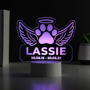 Personalised dog memorial LED light with angel wings and paw print design.
