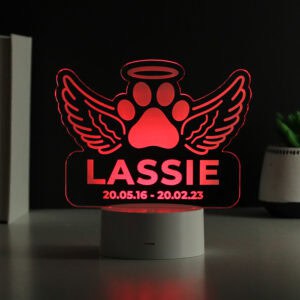 Custom LED light with paw print, angel wings, and halo for pet remembrance.