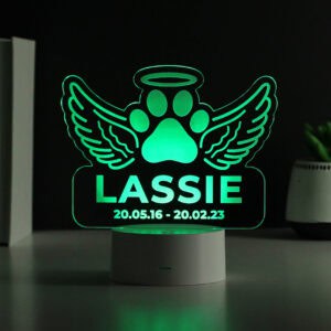 Customised LED light with dog paw, angel wings, and halo for memorialising Lassie.