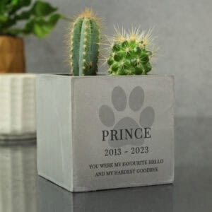 Memorial concrete plant pot with personalised paw print for a beloved dog.