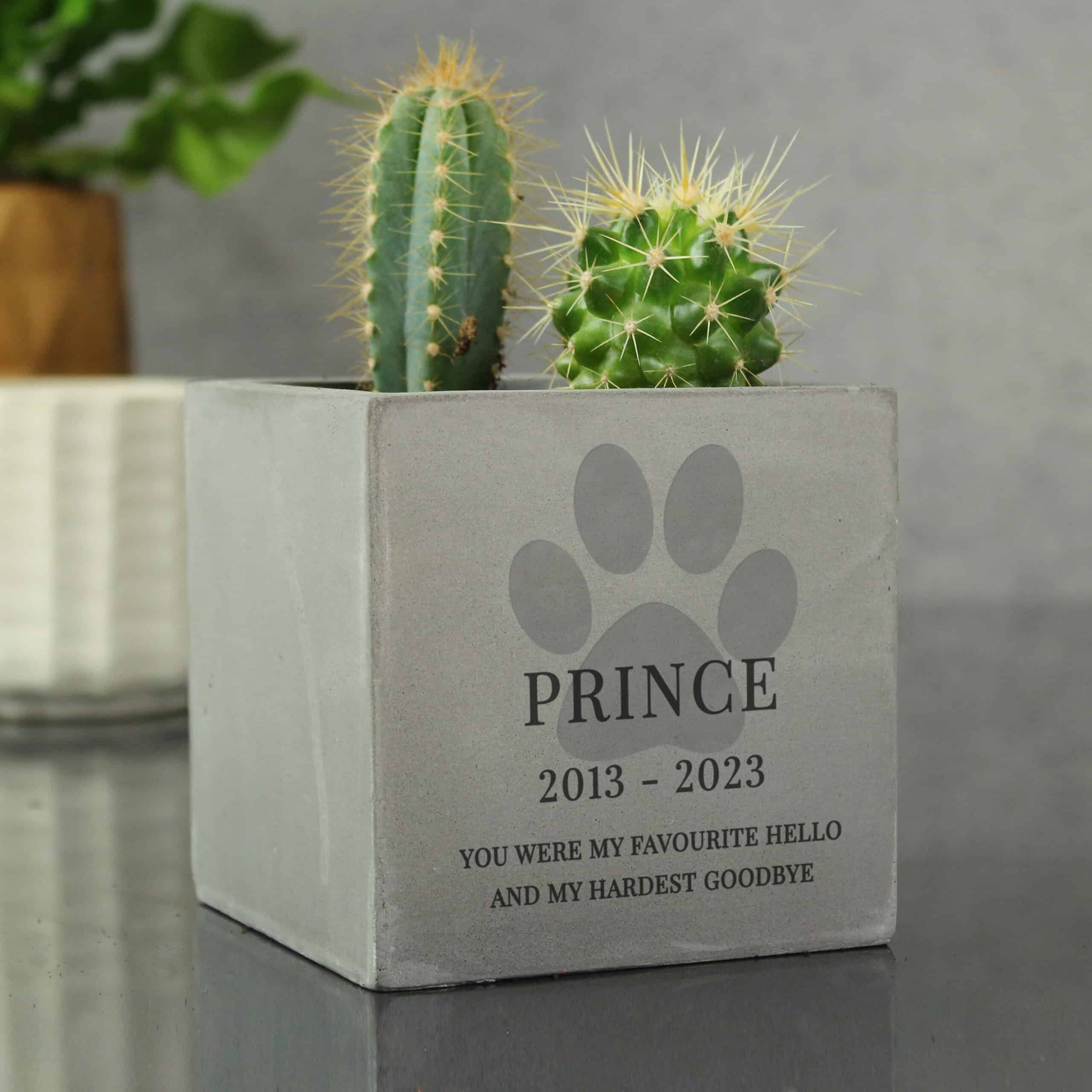 Memorial concrete plant pot with personalised paw print for a beloved dog.