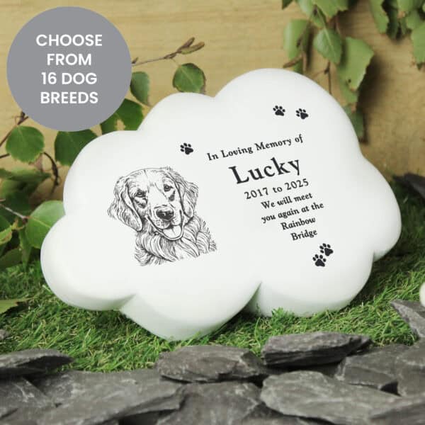 Cloud-shaped dog memorial garden gift with breed illustration and personalised engraved text