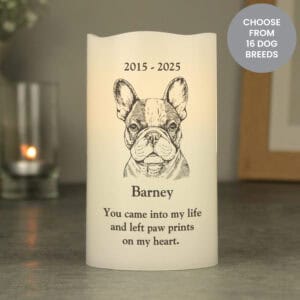 Personalised dog memorial LED candle with breed illustration and engraved message