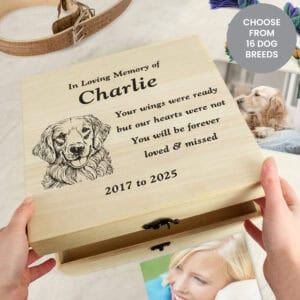 Large wooden dog memorial keepsake box with personalised breed illustration on the lid