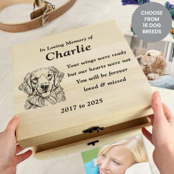 Large wooden dog memorial keepsake box with personalised breed illustration on the lid