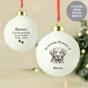Personalised dog memorial bauble with engraved dog image and message for pet remembrance.