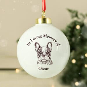 Memorial dog ornament with engraved French Bulldog illustration, personalised for remembrance.
