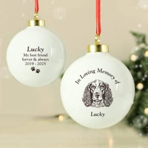Memorial dog ornament with personalised engraving for lost pet.