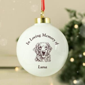 Memorial Dog Bauble with engraved Labrador illustration and personalised name.