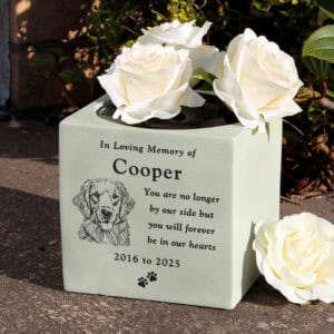 Memorial dog vase with engraved portrait and heartfelt message, perfect for personalised pet remembr.