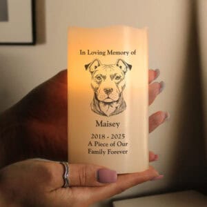 Dog memorial LED candle with personalised portrait and message.