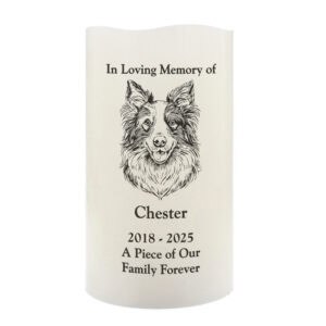 Personalised dog memorial LED candle with engraved portrait of Chester.