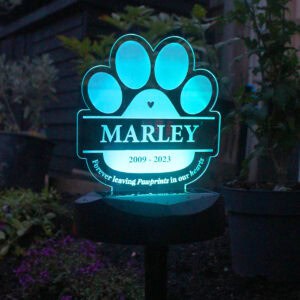 Custom dog memorial solar light with Marley’s name and lifespan, perfect for honouring beloved pets.