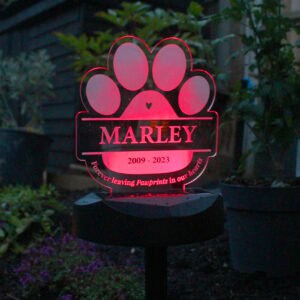 Personalised dog memorial solar light with paw print and name 