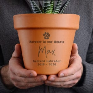 Engraved terracotta pot for beloved Labrador Max.