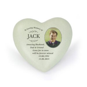 Memorial heart ornament with photo of Jack, in loving memory of a beloved dog. Personalised tribute.