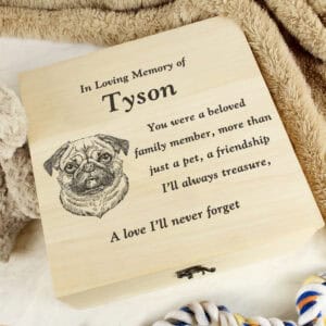 Memorial wooden box with engraved portrait and heartfelt message for a beloved dog, Tyson, in loving.