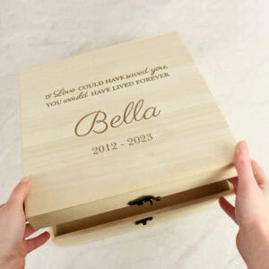 Memorial keepsake box for Bella, personalised with her name and dates, crafted from wood.