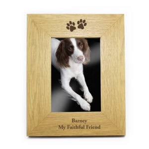 Custom oak finish dog memorial photo frame with paw print design for pets.