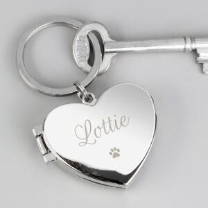 Heart-shaped silver paw print dog memorial keyring personalised with a dog's name and two photos