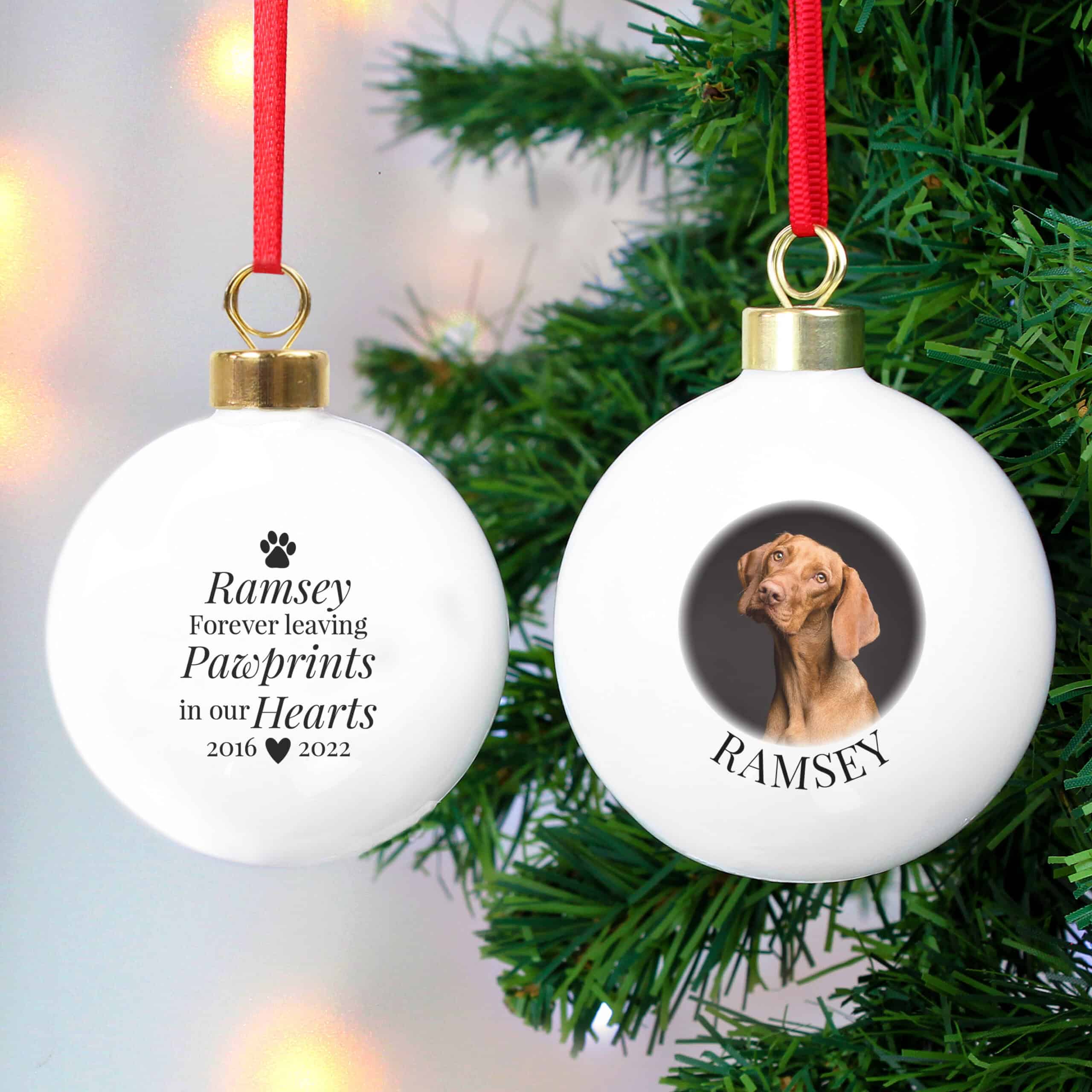 Personalised dog memorial bauble with uploaded photo on front and paw print design on the reverse
