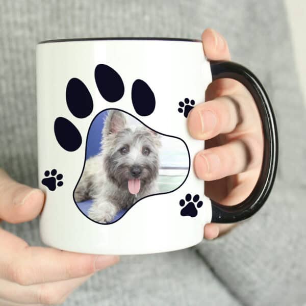 Black-handled ceramic paw print photo mug