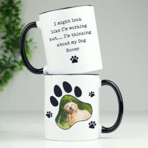 Memorial mug with paw print and dog photo, personalised for pet remembrance.