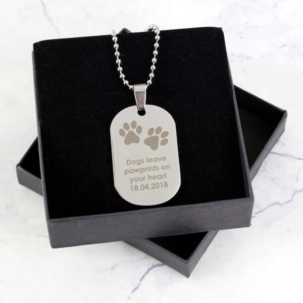 Stainless steel paw print dog memorial necklace with personalised engraving