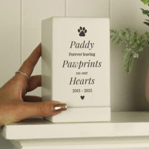 Personalised Pawprint Wooden Dog Memorial Urn for Pets.