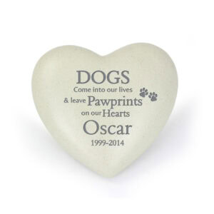 Personalised dog memorial heart ornament with pawprints and heartfelt message.