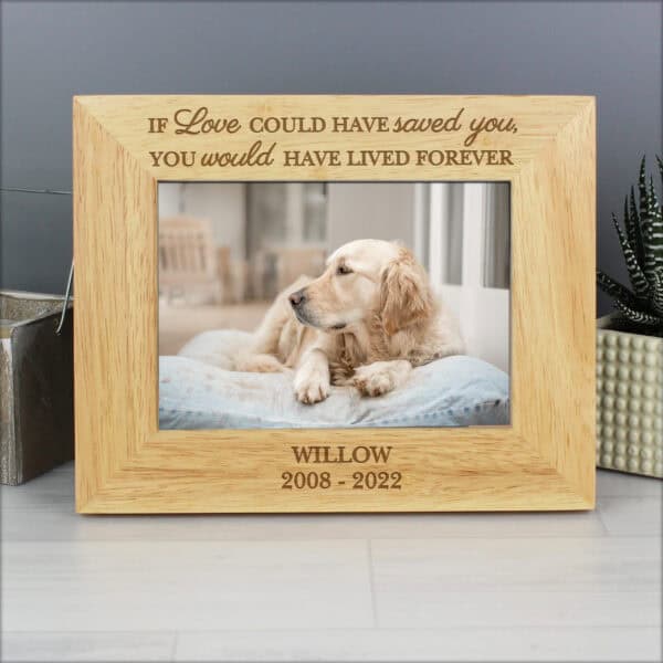Engraved wooden 6x4 dog memorial photo frame with two lines of personalised text