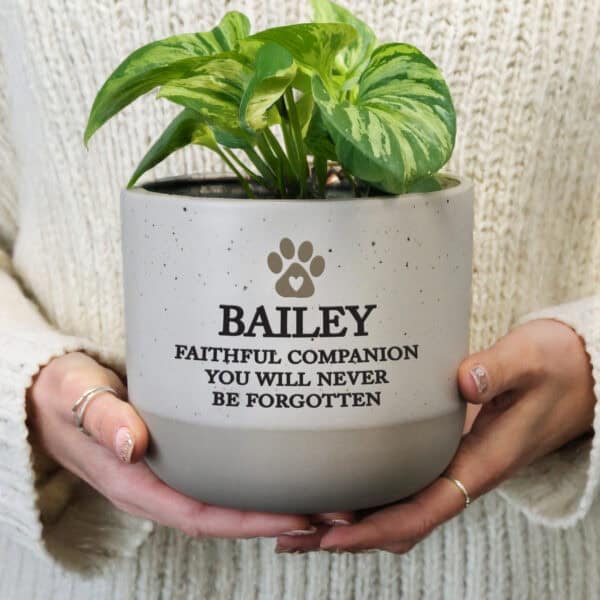 Flecked ceramic dog memorial plant pot personalised with engraved name and message