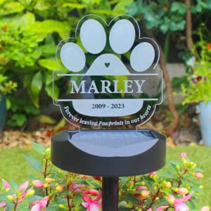Personalised dog memorial solar light engraved with name and message