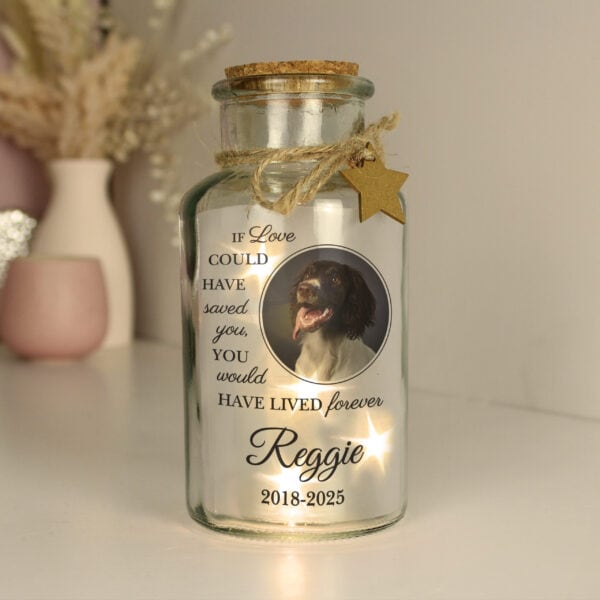 Personalised dog memorial LED lights glass jar with uploaded dog photo and memorial text