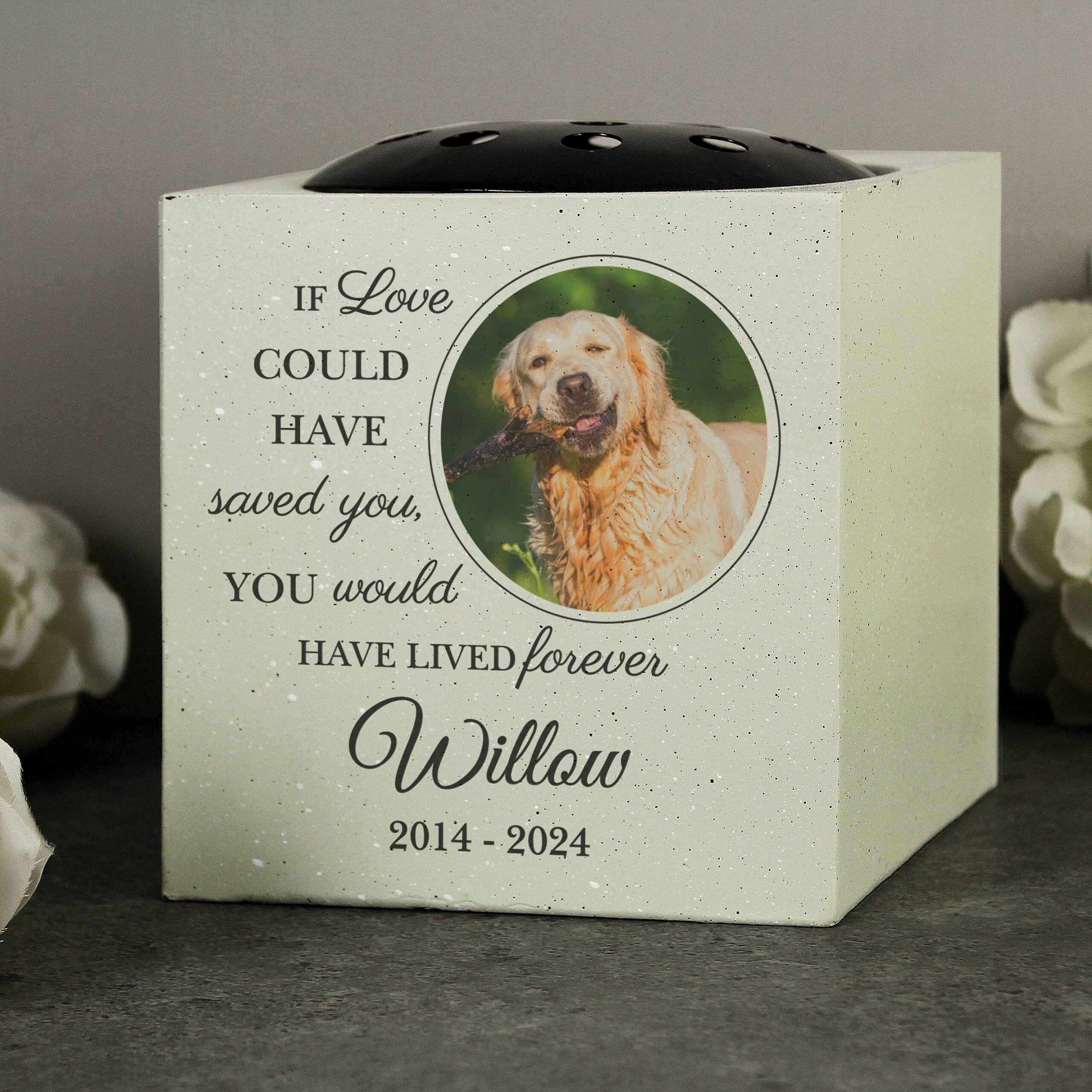 Personalised dog memorial garden vases with uploaded photo and message