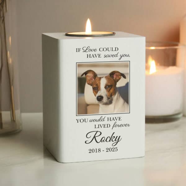 Personalised dog memorial tealight holder with uploaded photo and memorial message