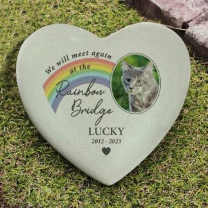 Rainbow-coloured resin heart dog memorial ornament with uploaded photo and personalised message
