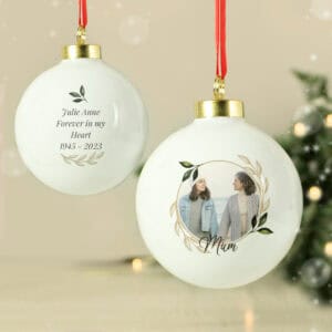 Personalised dog memorial bauble with photo and heartfelt message for Heavenly Paws tribute.