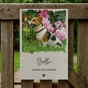 Personalised dog memorial sign featuring a photo of Bella with pink flowers background.
