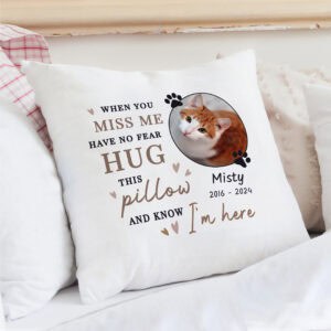 Customised cat memorial cushion with photo and heartfelt message for lost pet.