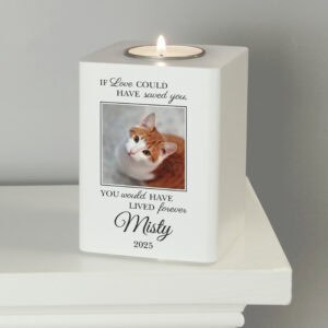 Personalised dog memorial tealight holder with uploaded photo and memorial message