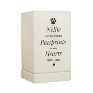 Elegant personalised dog memorial urn with paw print design.
