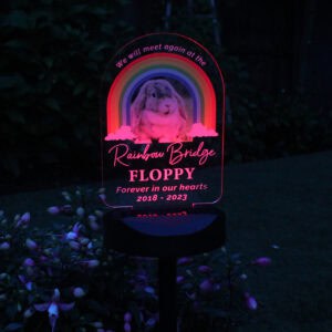Personalised Rainbow Bridge dog memorial solar light with colourful rainbow and dog image.