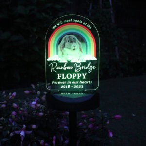 Rainbow Bridge Dog Memorial Solar Light with personalised message.